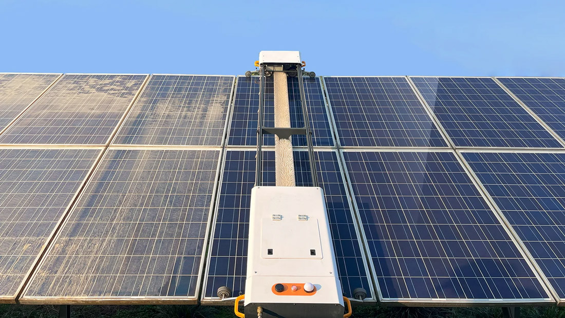 Automated solar panel cleaning robot in action