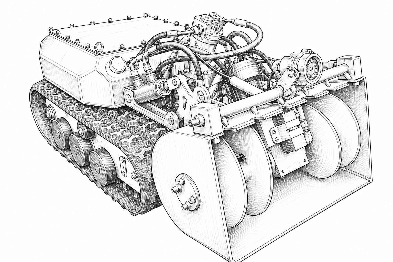 Technical illustration of a sludge cleaning robot with cutter head