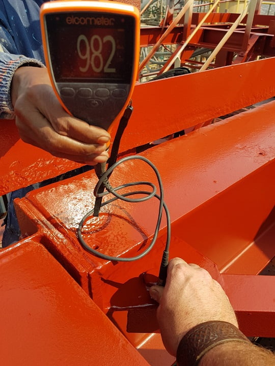 Elcometer dry film thickness reading on freshly coated steelwork