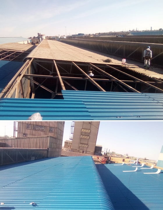 Before-and-after comparison of stripped roof and finished blue sheeting