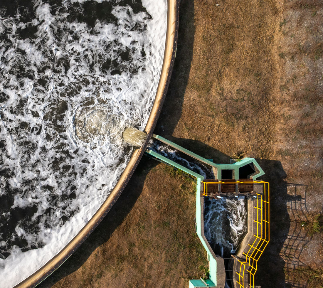 Aerial view of a sludge cleaning operation at a South African treatment plant
